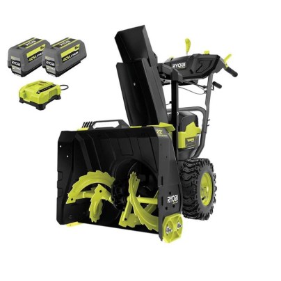 The Ryobi 40V 22" Two-Stage Cordless Snow Blower, two batteries, and charger on a white background.