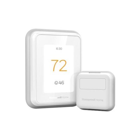  The Honeywell Home T9 Smart Thermostat With Sensor on a white background and set to 72 degrees Fahrenheit.