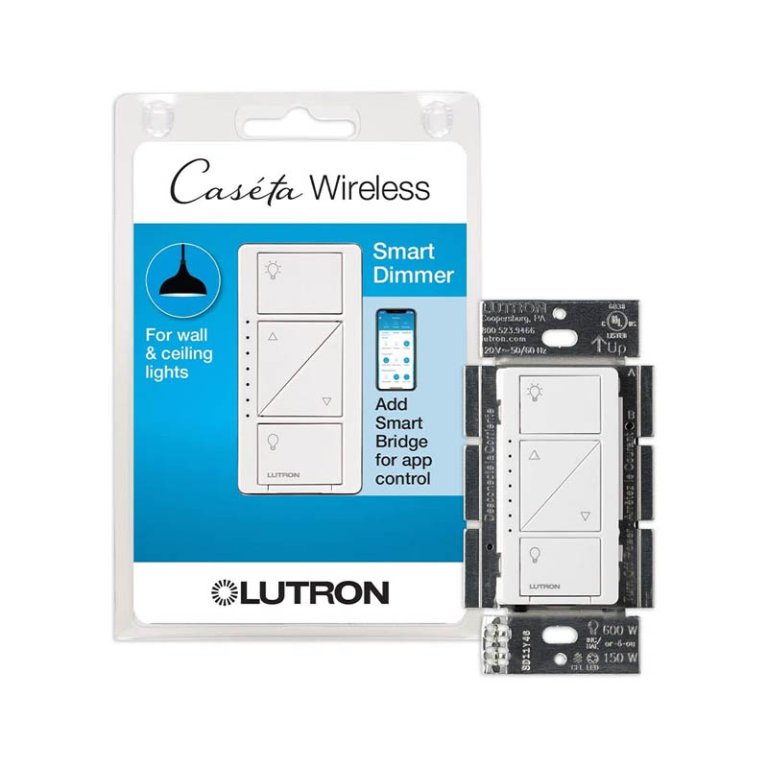  The Lutron Caseta Smart Dimmer Switch and its packaging on a white background.