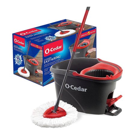  The O-Cedar EasyWring Microfiber Spin Mop & Bucket System with its box on a white background.