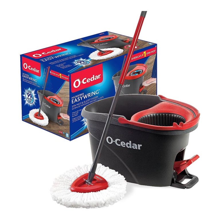  The O-Cedar EasyWring Microfiber Spin Mop & Bucket System with its box on a white background.