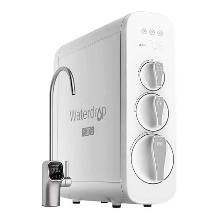 Waterdrop Reverse Osmosis System on a white background next to a faucet