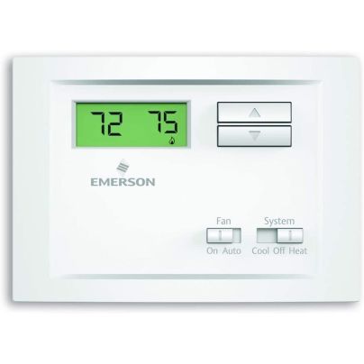 The Emerson Non-Programmable Single-Stage Thermostat on a white background set to increase temperature from 72 to 75 degrees Fahrenheit.