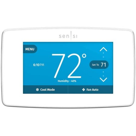  The Emerson ST75W Sensi Touch Smart Thermostat on a white background set to 72 degrees Fahrenheit.