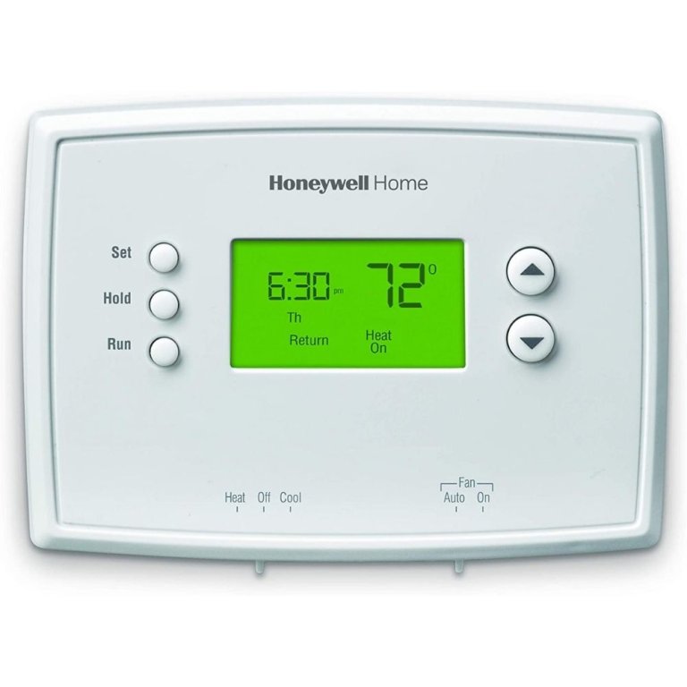  The Honeywell Home 5-2 Day Programmable Thermostat on a white background and set to 72 degrees Fahrenheit.