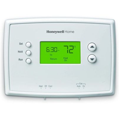 The Honeywell Home 5-2 Day Programmable Thermostat on a white background and set to 72 degrees Fahrenheit.