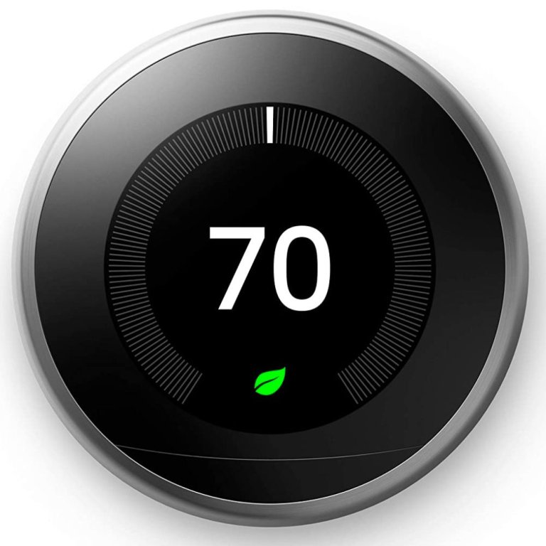  The Google Nest Learning Thermostat on a white background and set to 70 degrees Fahrenheit.