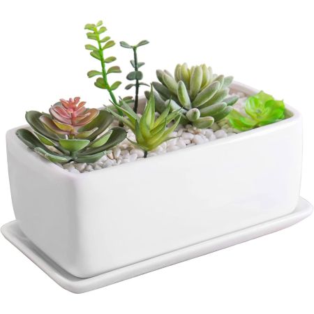 MyGift 10-Inch Rectangular Modern White Ceramic Pot