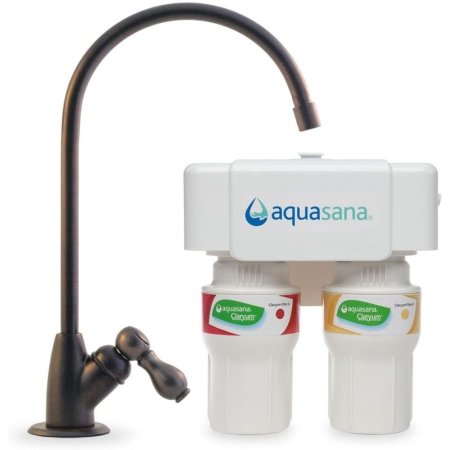 Aquasana AQ-5200.62 2-Stage Water Filter System on a white background next to a faucet