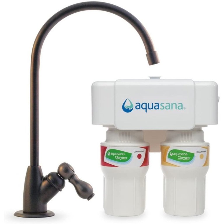  Aquasana AQ-5200.62 2-Stage Water Filter System on a white background next to a faucet