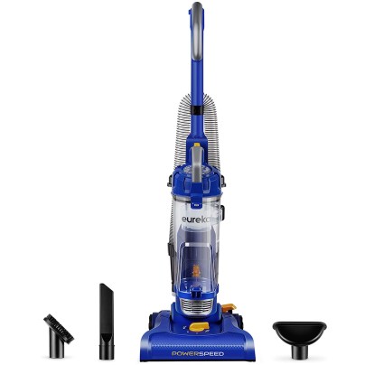 The Eureka NEU182A PowerSpeed Lightweight Upright Vacuum and its accessories on a white background.