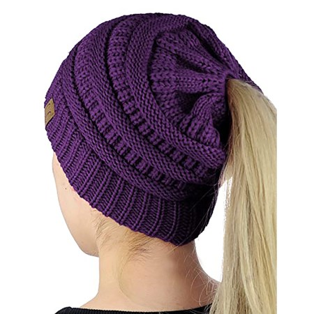 C.C BeanieTail Soft Stretch Cable Knit Ponytail Hat