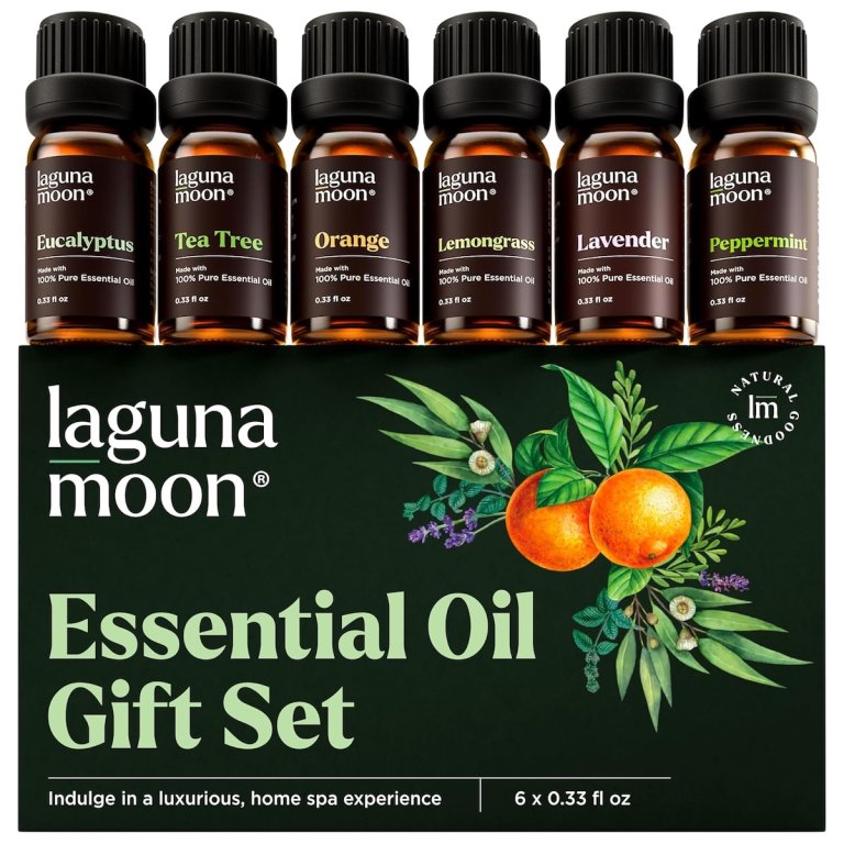 Lagunamoon essential oil set of six oils on a white background.