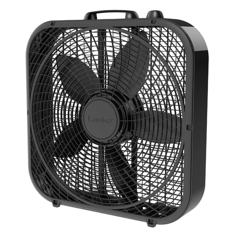 The Lasko 20 Cool Colors Box Fan on a white background