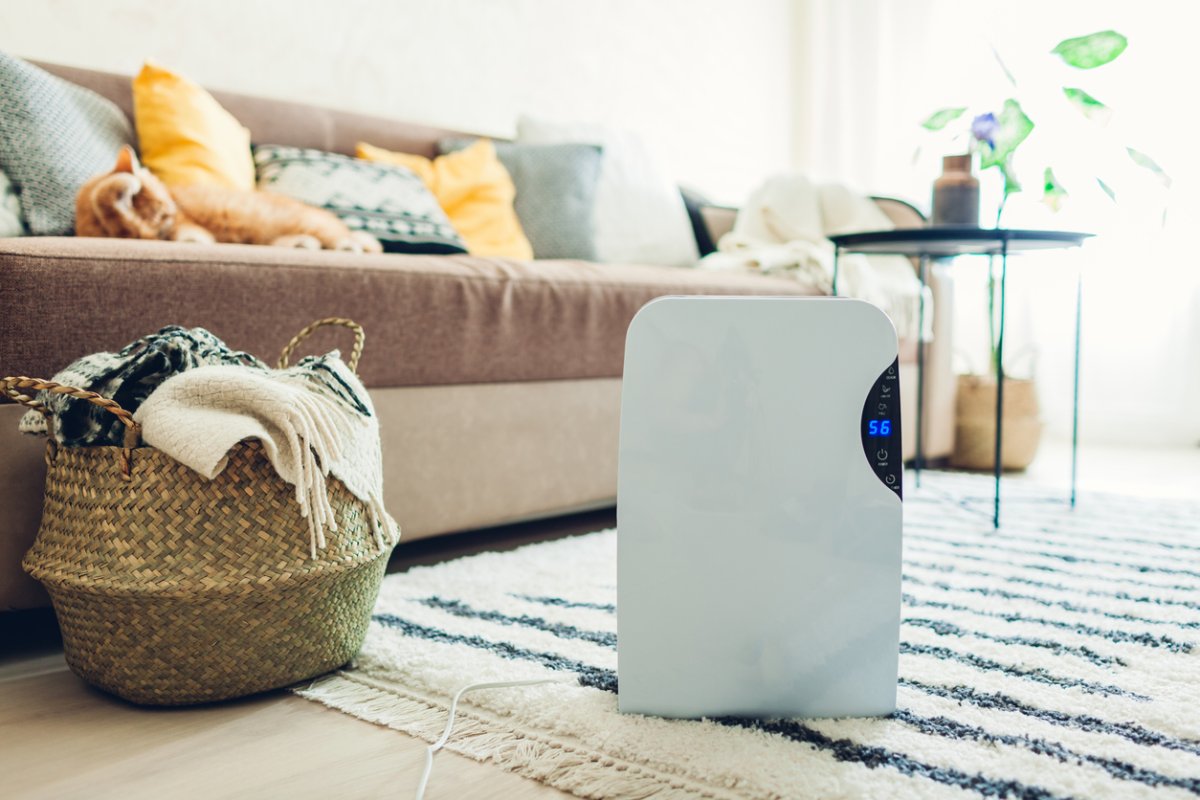 A boho living room scene with a basket of laundry, striped rug, dehumidifier, and couch with pillows.
