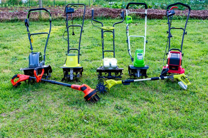 The Best Electric Tiller Options set up together on grass