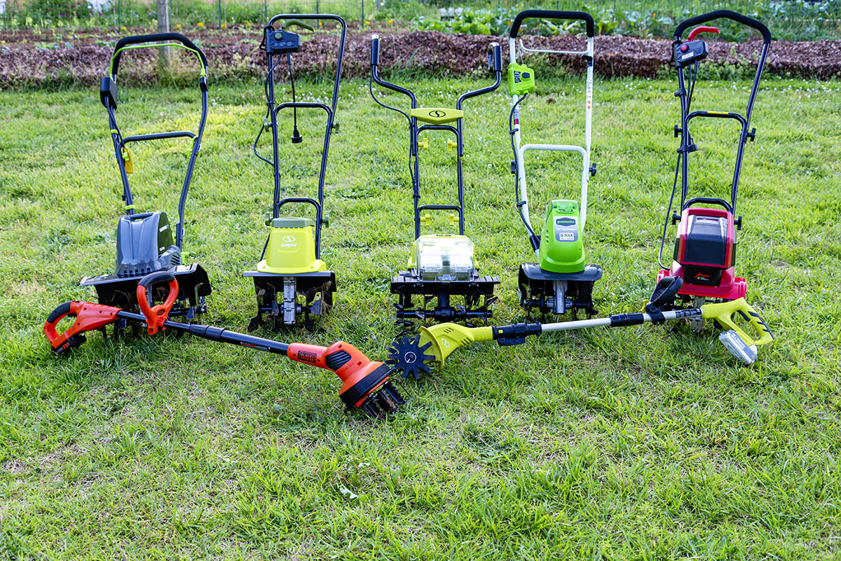 The Best Electric Tiller Options set up together on grass