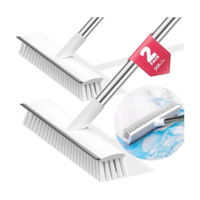 The Jiga 2-Pack Floor Scrub Brush With Long Handle on a white background with an inset showing it cleaning up blue liquid.