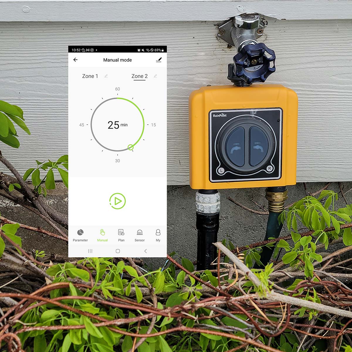 Yellow Rainpoint dual zone ose timer connect to spigot