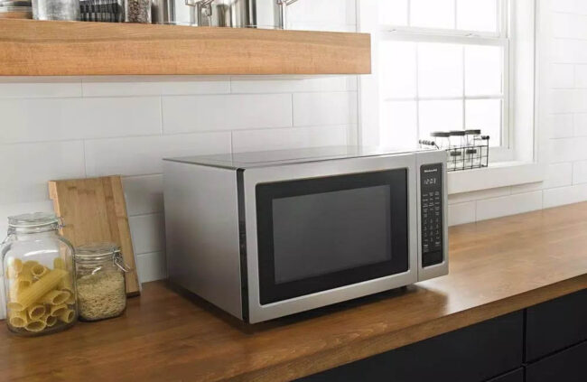 A microwave convection oven on a counter