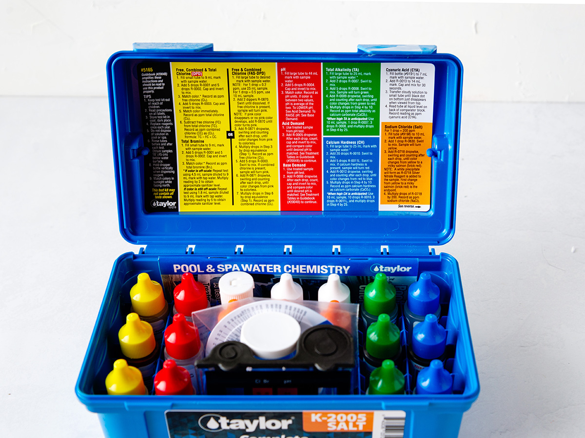 The best water test kit option open to show several colorful bottles of testing chemicals