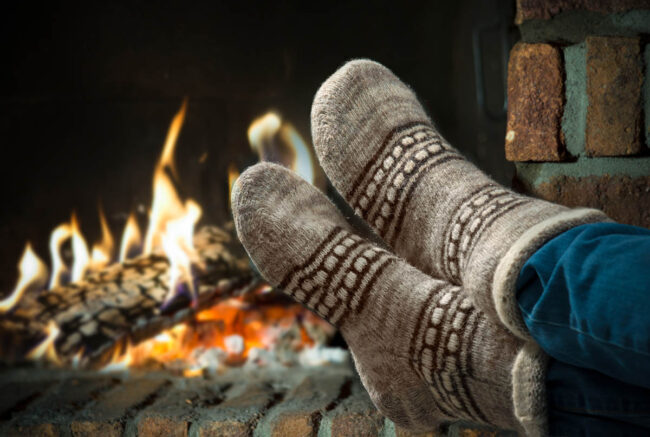 A person wearing patterned winter socks