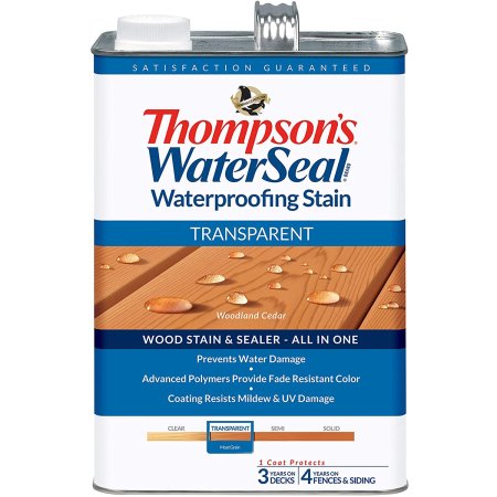  A can of Thompson's WaterSeal Transparent Wood Sealer on a white background.