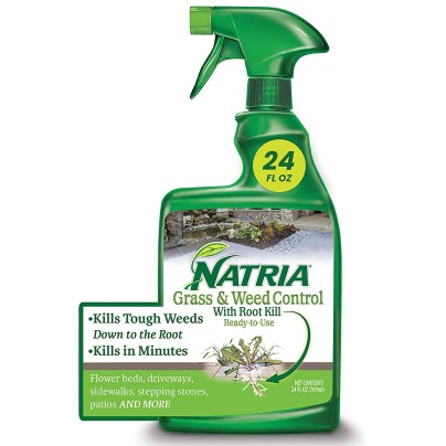 Bottle of Natria Grass & Weed Control with Root Kill Herbicide on a white background