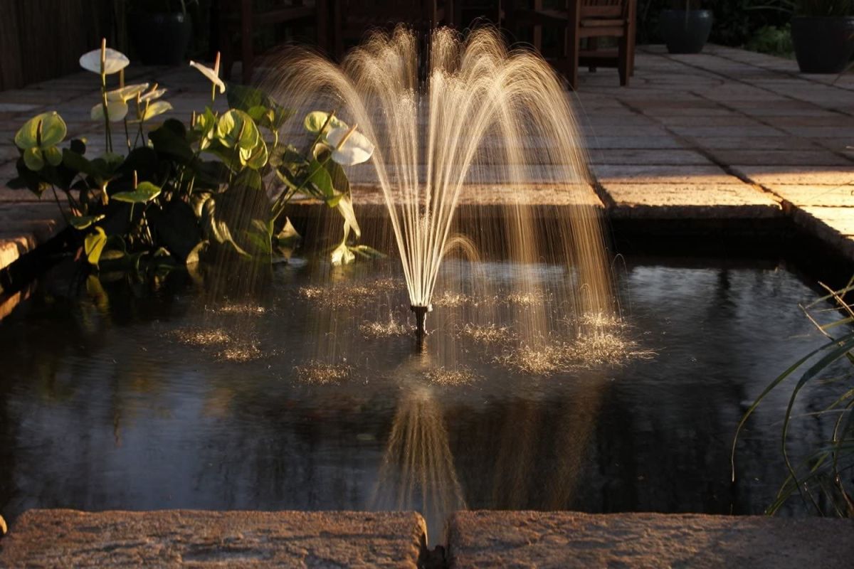 Nighttime photo of the best pond pump creating an attractive water spray in a small manmade water feature
