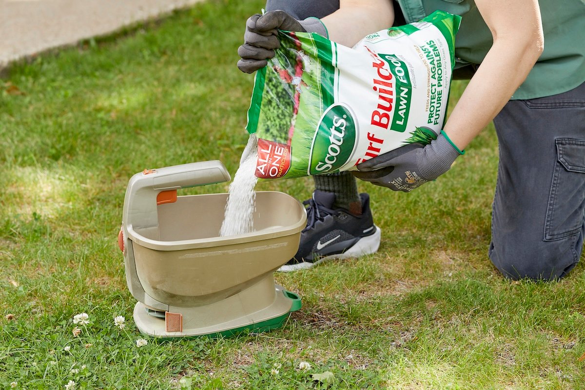 Woman pours high-nitrogen fertilizer into a hand spreader in the grass.