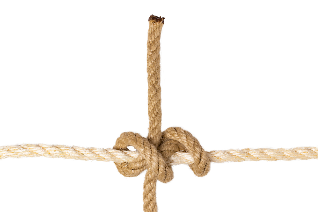 Rope isolated. Closeup of figure rolling hitch node or knot from a brown rope isolated on a white background. Navy and marine knot or sailors knot. Macro.