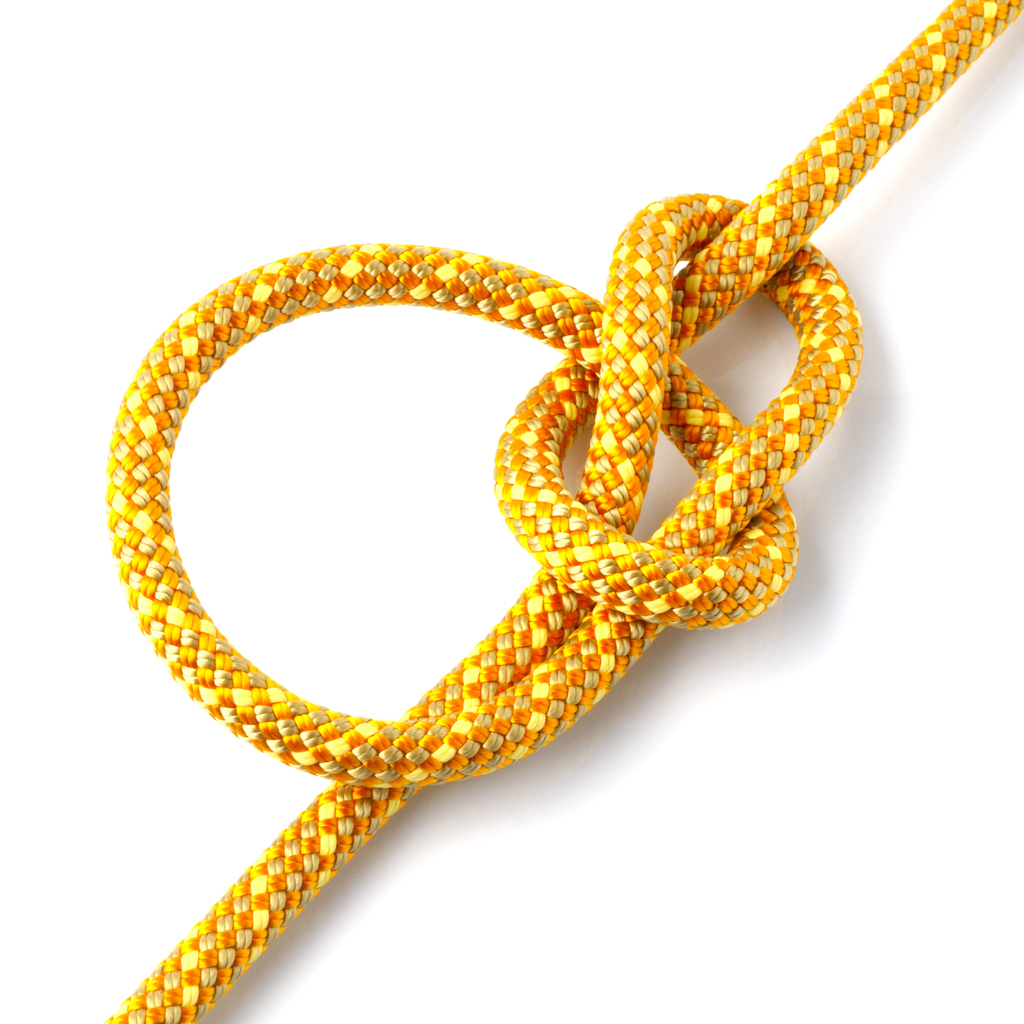 Yellow climbing rope with a bowline knot.