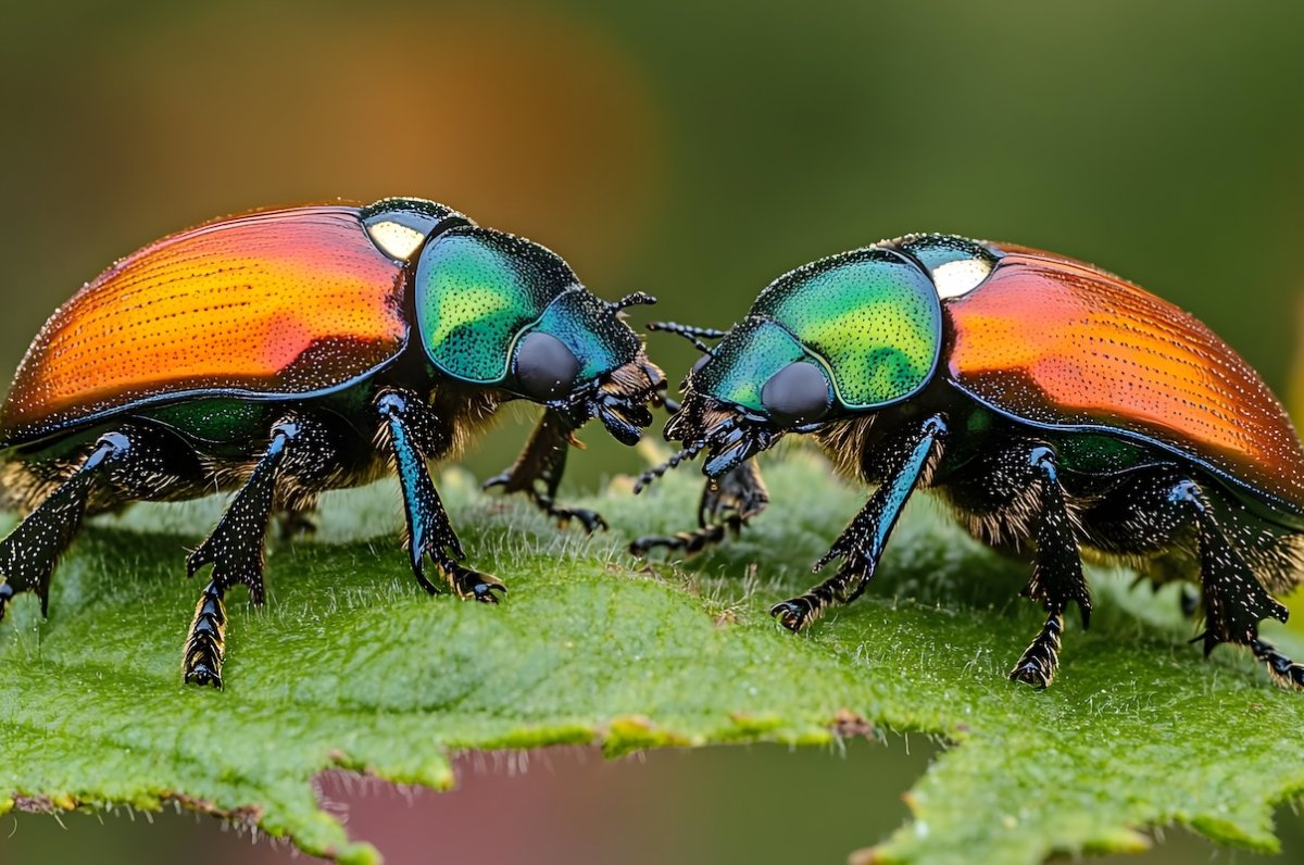 A closeup of two Japanese beetles facing each other on a leaf.