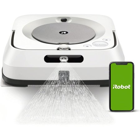  The iRobot Wifi-Connected Braava Robot Mop on white background with green iRobot logo on phone