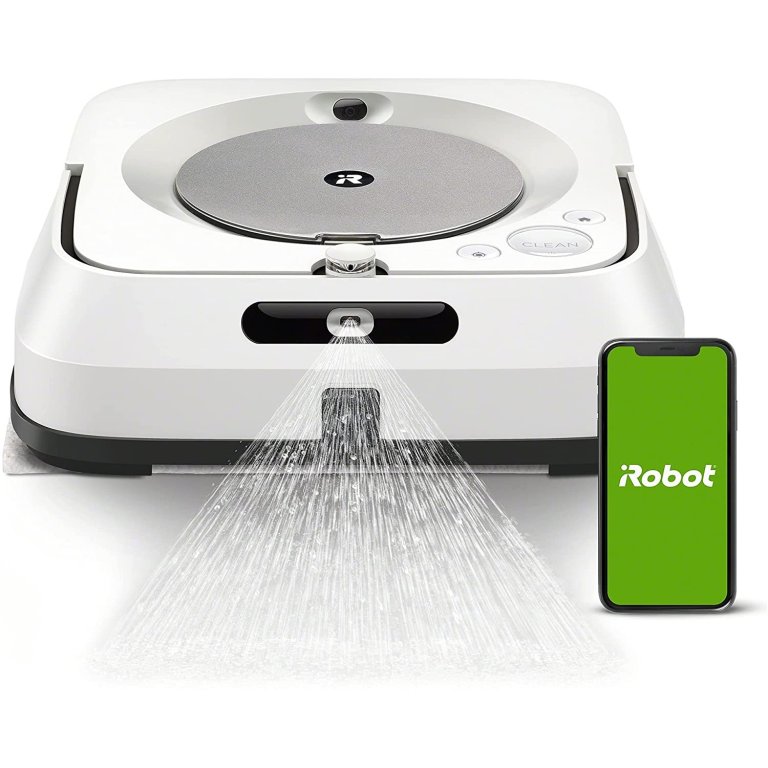  The iRobot Wifi-Connected Braava Robot Mop on white background with green iRobot logo on phone