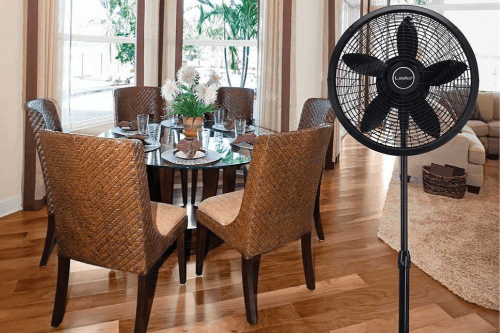 The Best Pedestal Fan Option next to a round dining table