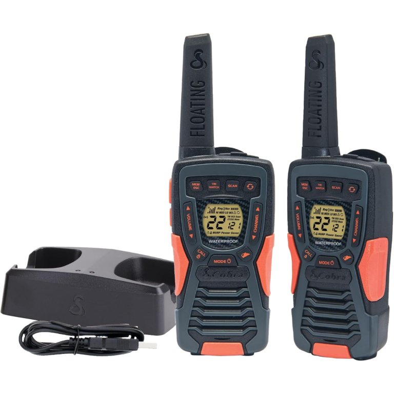Cobra ACXT1035R FLT Two-Way RadioWalkie Talkie Set with charger on white background