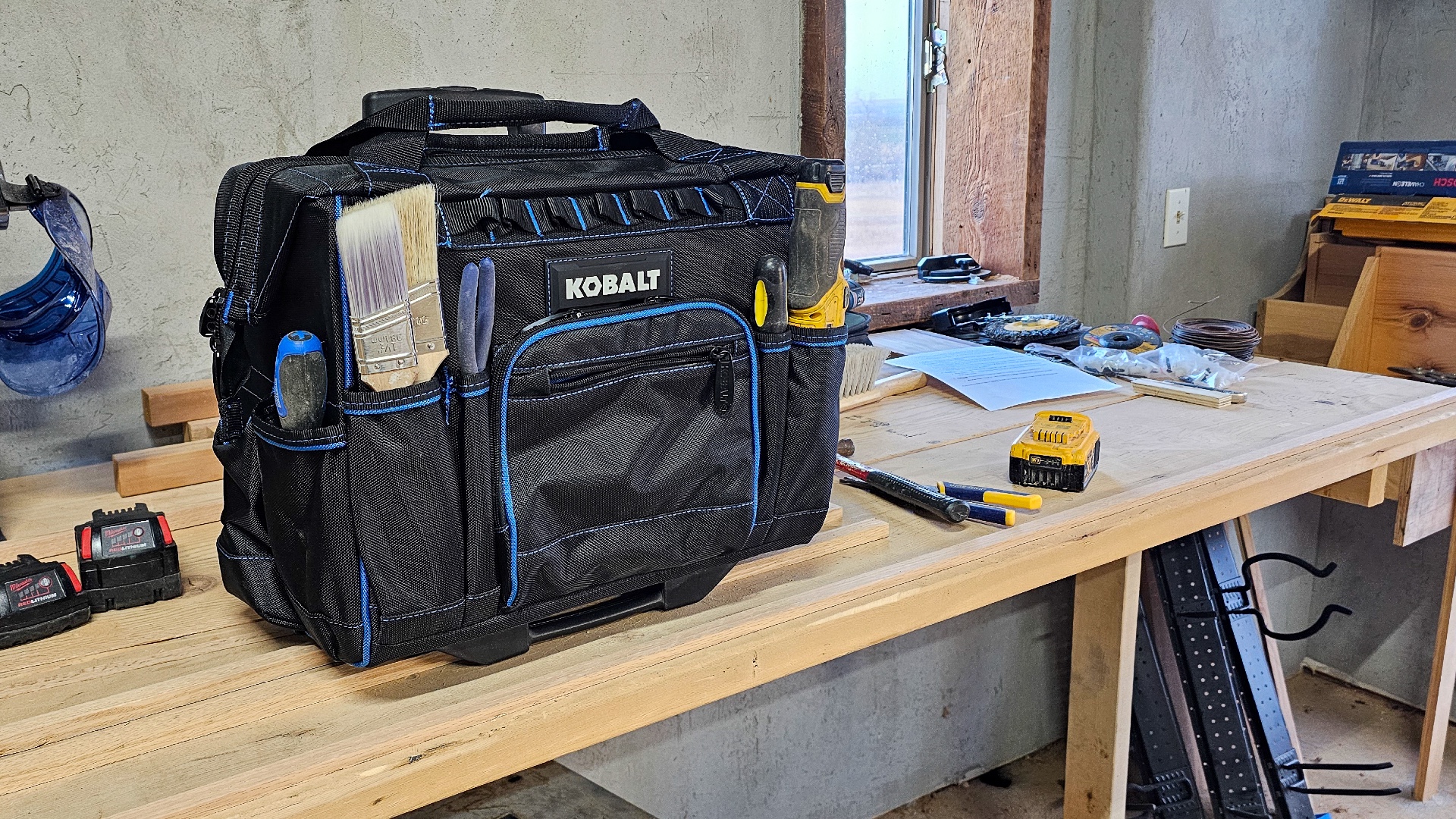Kobalt rolling tool bag close-up set on a table in a workshop