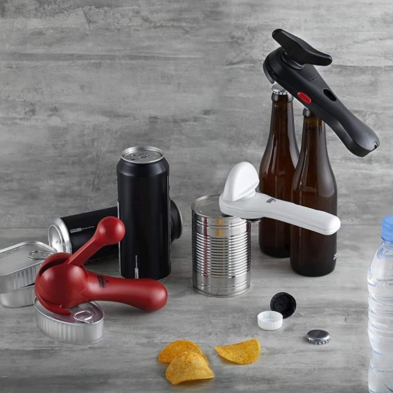 Kuhn Rikon Auto Safety Master Opener in three colors, each opening a different container: tins, cans, and bottles.