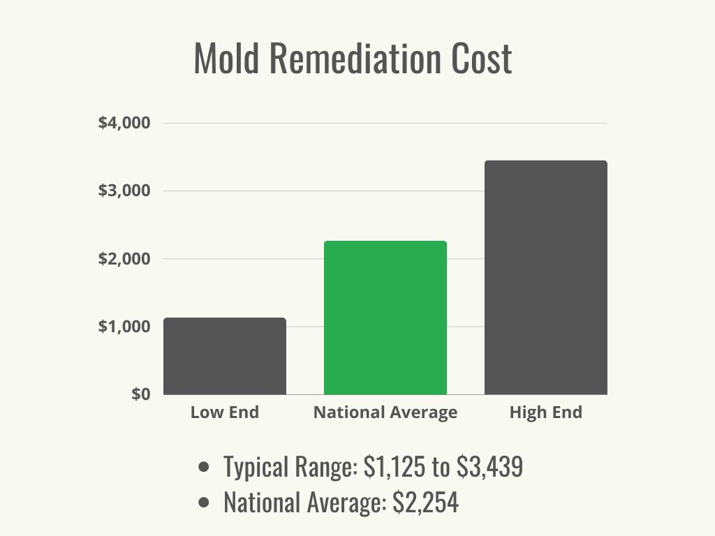 A black and green graph showing the average cost and the cost range for mold remediation.