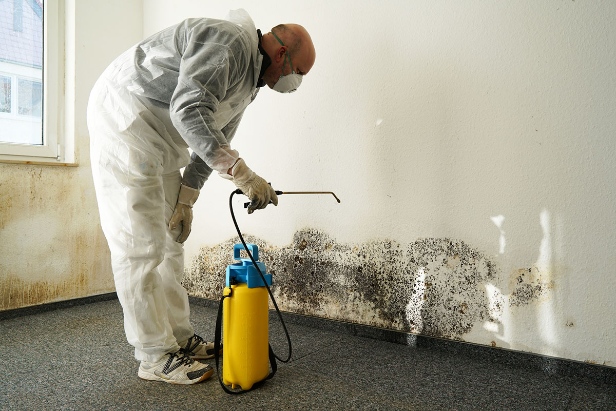 A suited worker sprays a mold wall.