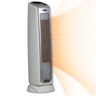 The Lasko 5775 Oscillating Ceramic Tower Space Heater emitting an illustration of an semi-transparent orange shape to give the idea of warmth.