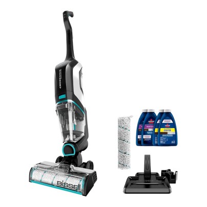 Bissell 2554A CrossWave Multi-Surface Wet Dry Vacuum with accesories and sample cleaners on white background