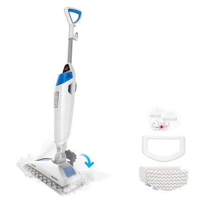 White and blue Bissell PowerFresh Scrubbing and Sanitizing Steam Mop on white background with accessories