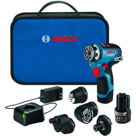  Bosch 12V Flexiclick Drill Driver with various attachments, charger and blue bag with the red Bosch logo.