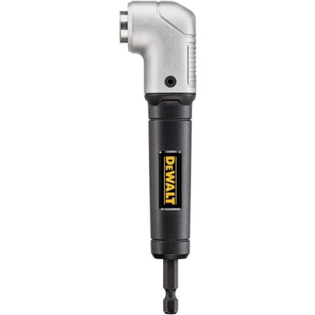  Black and silver DeWalt Impact Ready Right-Angle Attachment for a drill driver on a white backdrop.