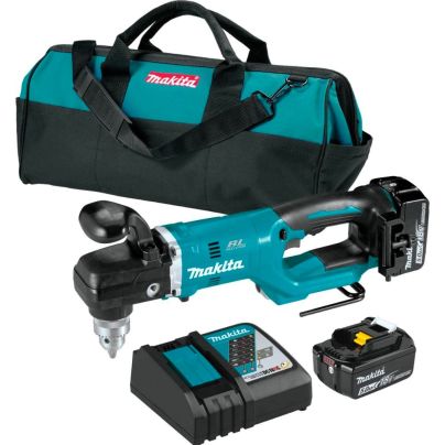 Teal and black Makita 18V LXT Cordless Right-Angle Drill kit with bag, battery, and charger on white backdrop.