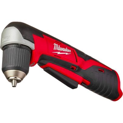 Red and black Milwaukee M12 Cordless ⅜-Inch Right-Angle Drill on white backdrop.