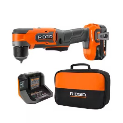 Orange and black Ridgid SubCompact Right-Angle Drill charger and bag on white backdrop.