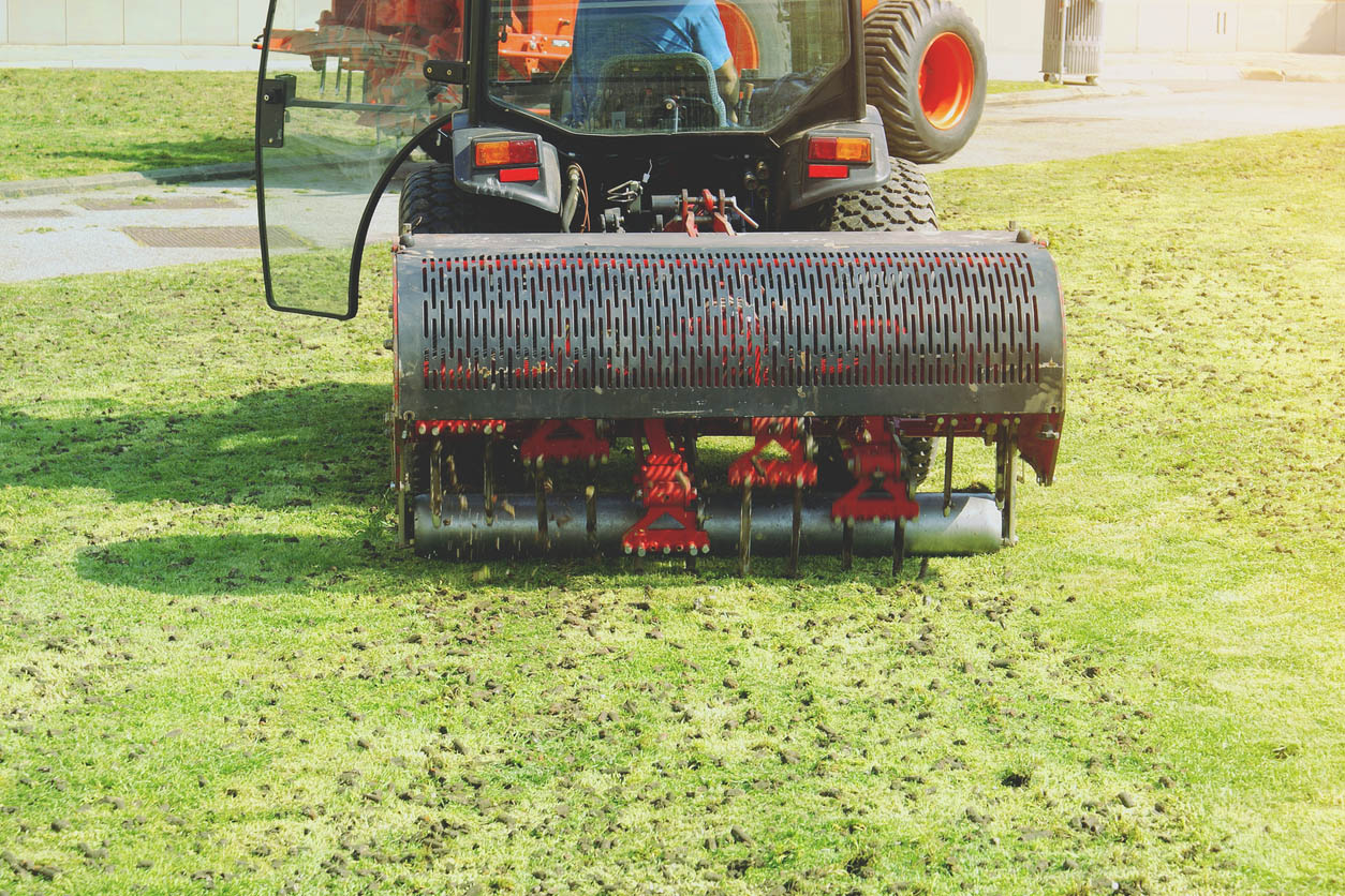 View of the bottom half of a large lawn aerator and a swath of grass.